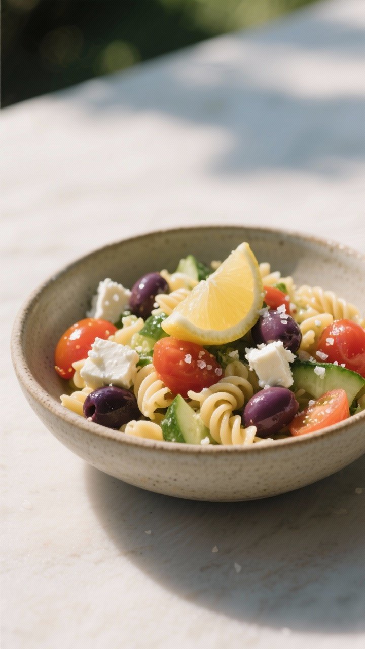 Final dish presentation: Restaurant-quality plated portion of pasta salad in a shallow stoneware bow