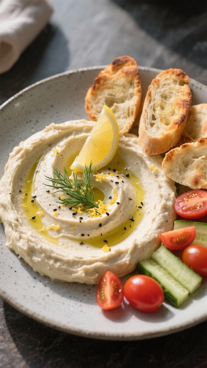 Final dish presentation: Restaurant-quality plating of white bean dip spread into swoops on a matte