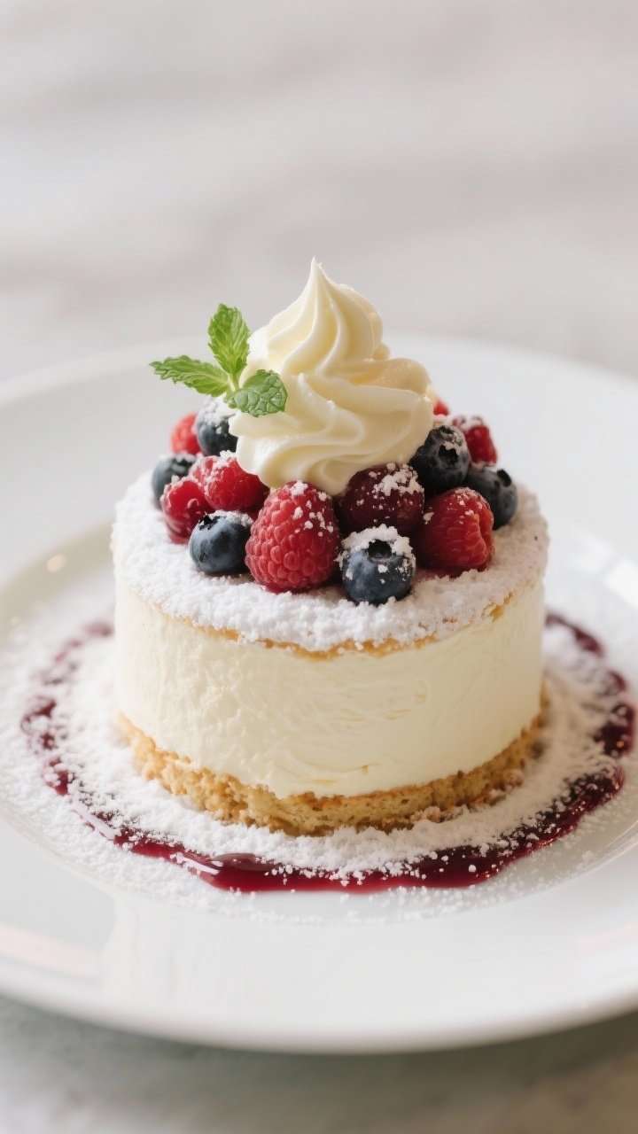 Final dish presentation: Restaurant-quality plating of a single Summer Berry Cake centered on a matt