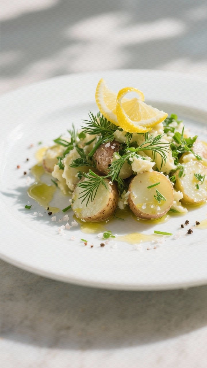 Final dish presentation: Restaurant-quality plating of Herb Potato Salad with Lemon Vinaigrette on a