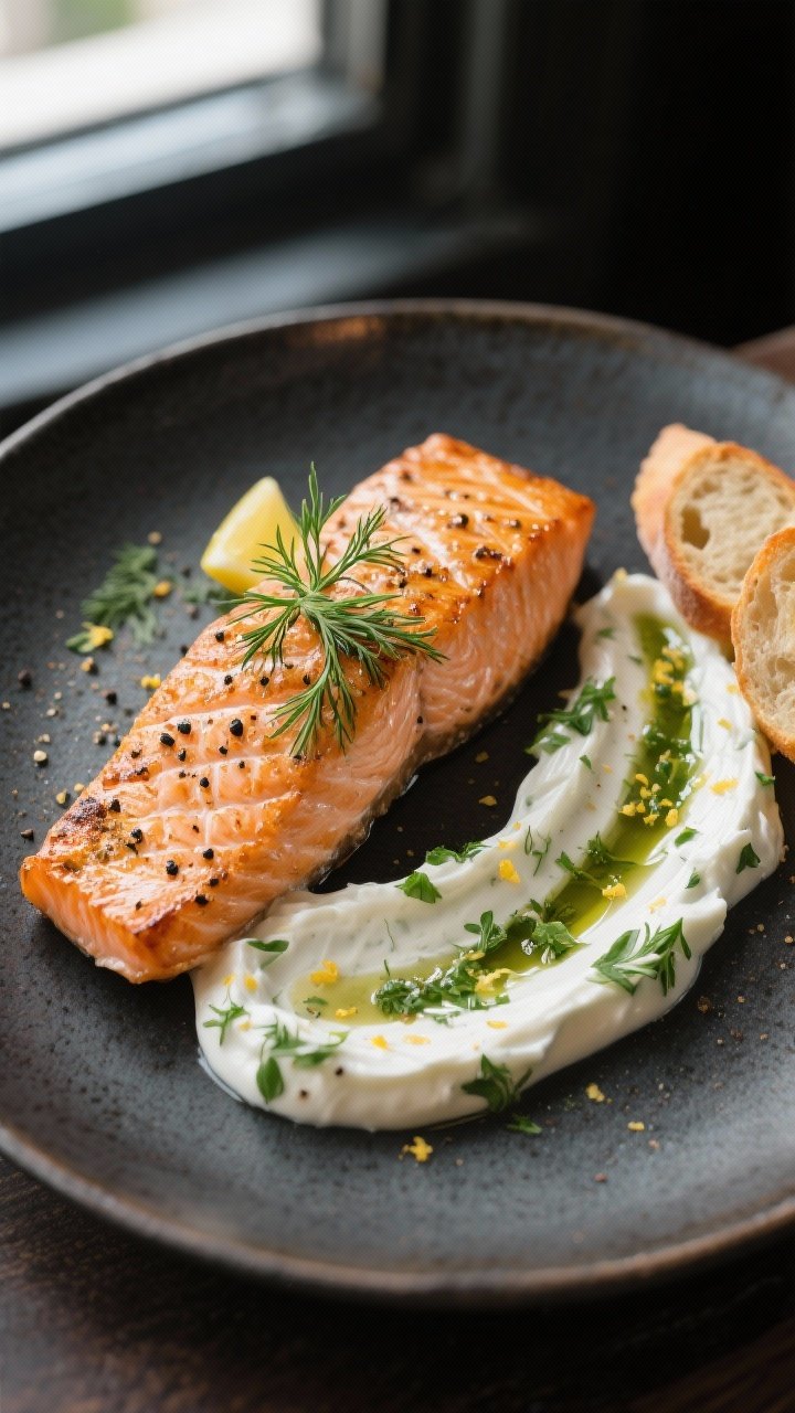 Final dish presentation: Restaurant-quality plating of the dip as a sauce—pan-seared or grilled sa