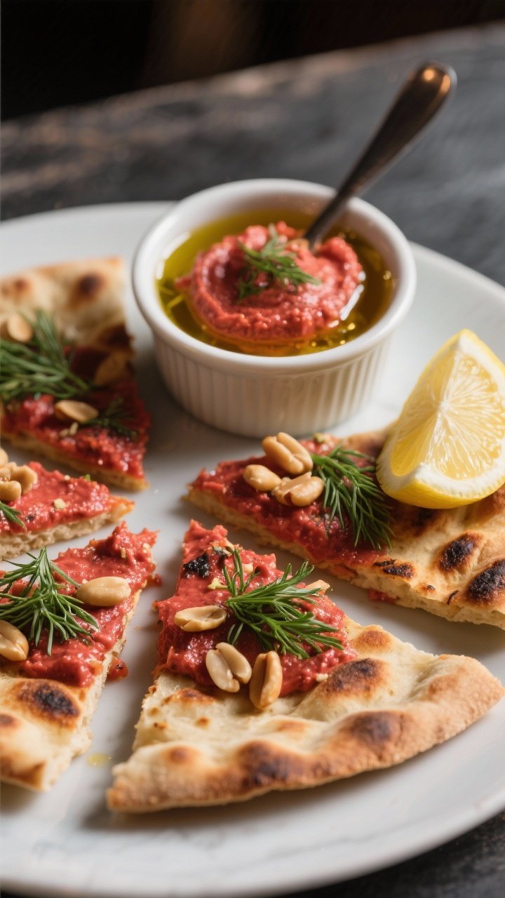 Final dish presentation: Restaurant-quality plating of the dip as a spread on warm flatbread wedges,