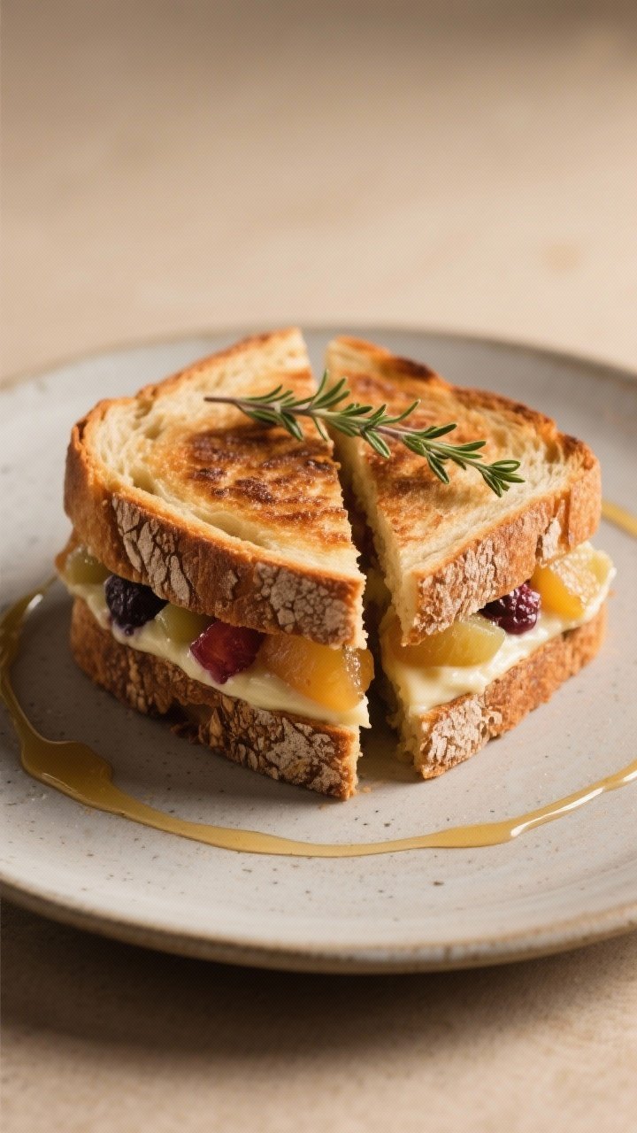 Final dish presentation: Restaurant-quality plating of a quartered braaibroodjie stack on a matte ce
