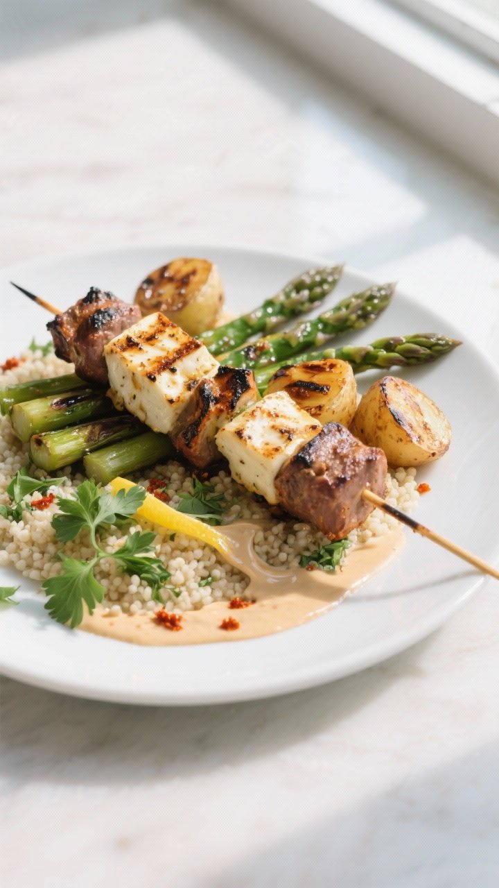 Final dish presentation: Restaurant-quality plating of two kebabs slid off the skewers onto a shallo