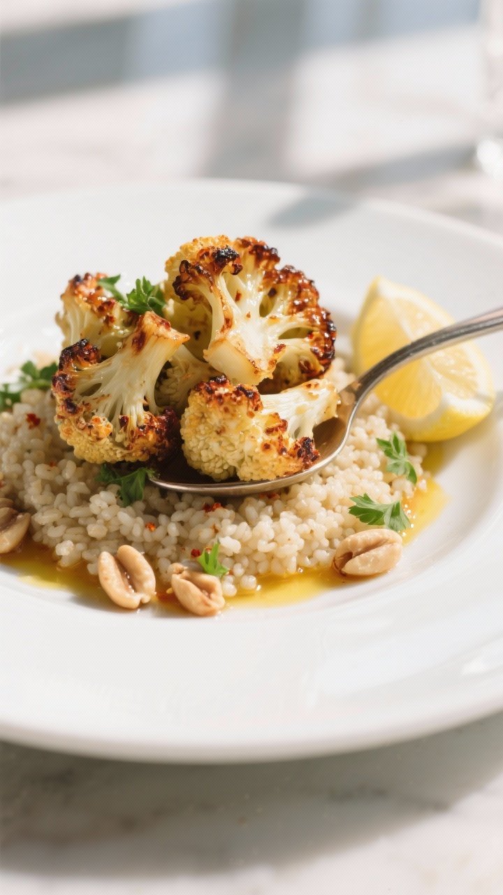 Final dish presentation: Restaurant-quality plating of smoked cauliflower florets spooned over fluff