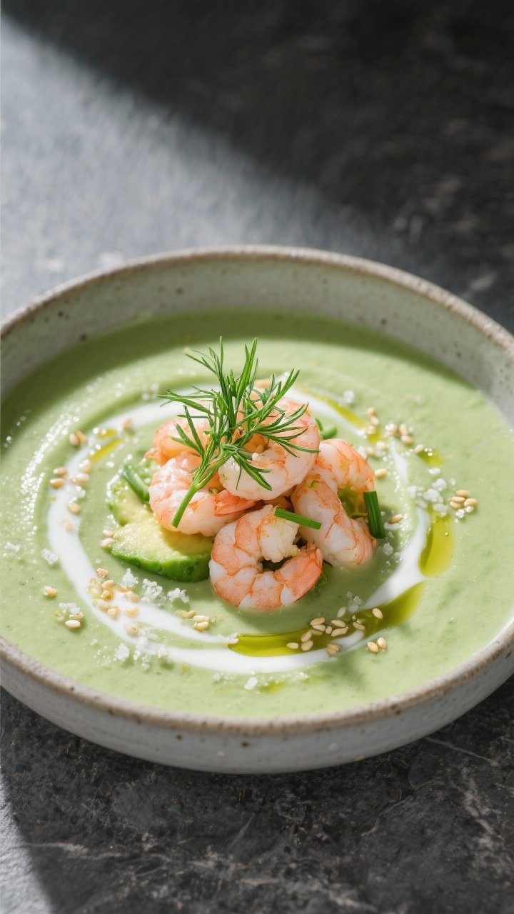 Final dish presentation: Restaurant-quality plating of the chilled cucumber, avocado & buttermilk so