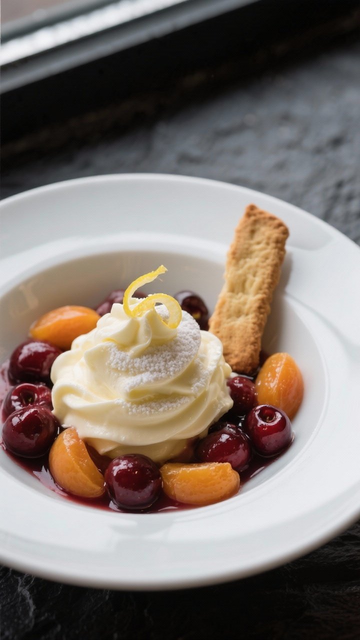 Final dish presentation: Restaurant-quality plating of zabaglione with macerated cherry-and-apricot 