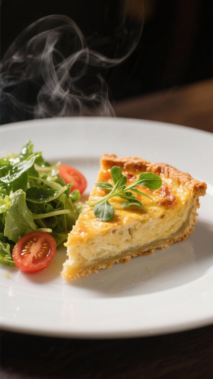 Final dish presentation: Restaurant-quality plating of a warm quiche wedge with a clean slice line, 