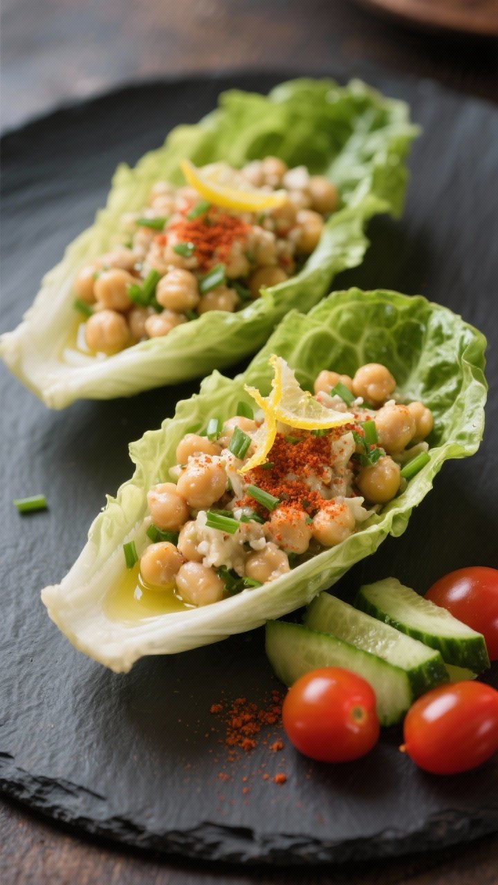 Final dish presentation: Restaurant-quality plating of two romaine heart “boats” filled with the