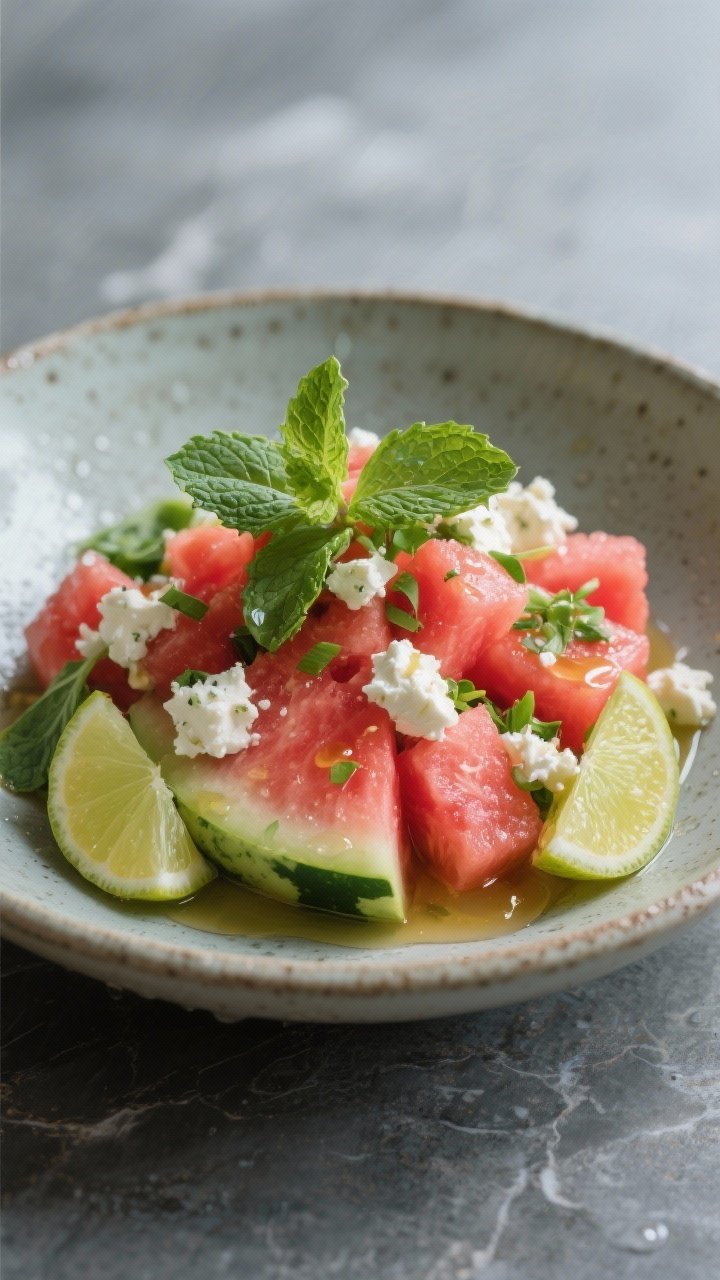 Final dish presentation: Restaurant-quality plating of watermelon, feta, mint, and lime salad portio