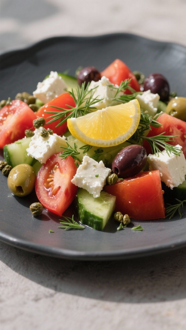 Final dish presentation: Restaurant-quality plating of Greek salad as a light dinner—large rustic