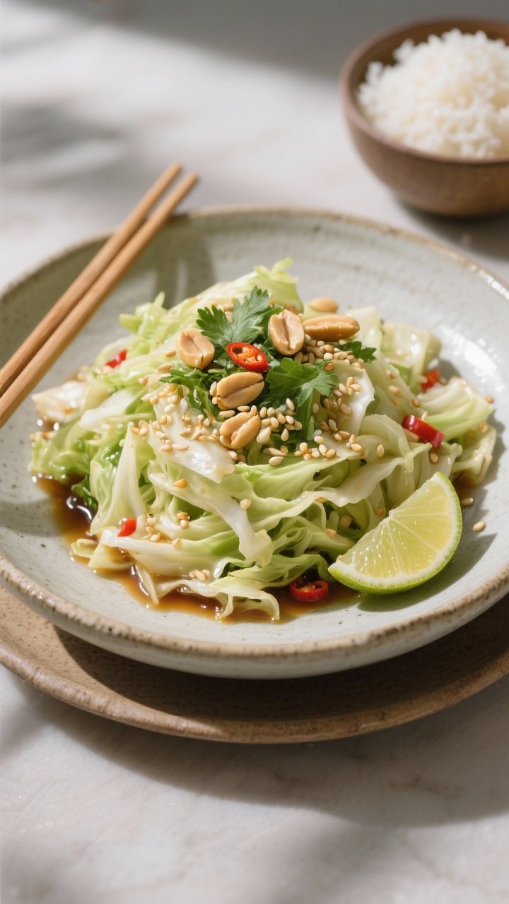 Final dish presentation: Restaurant-quality plating of Cabbage Salad With Tangy Sesame Dressing in a