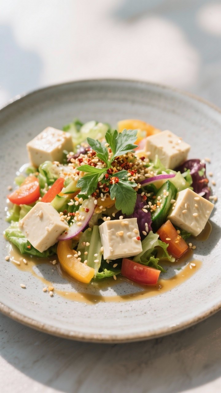 Final dish presentation: Restaurant-quality plating of the salad with neatly arranged tofu cubes and