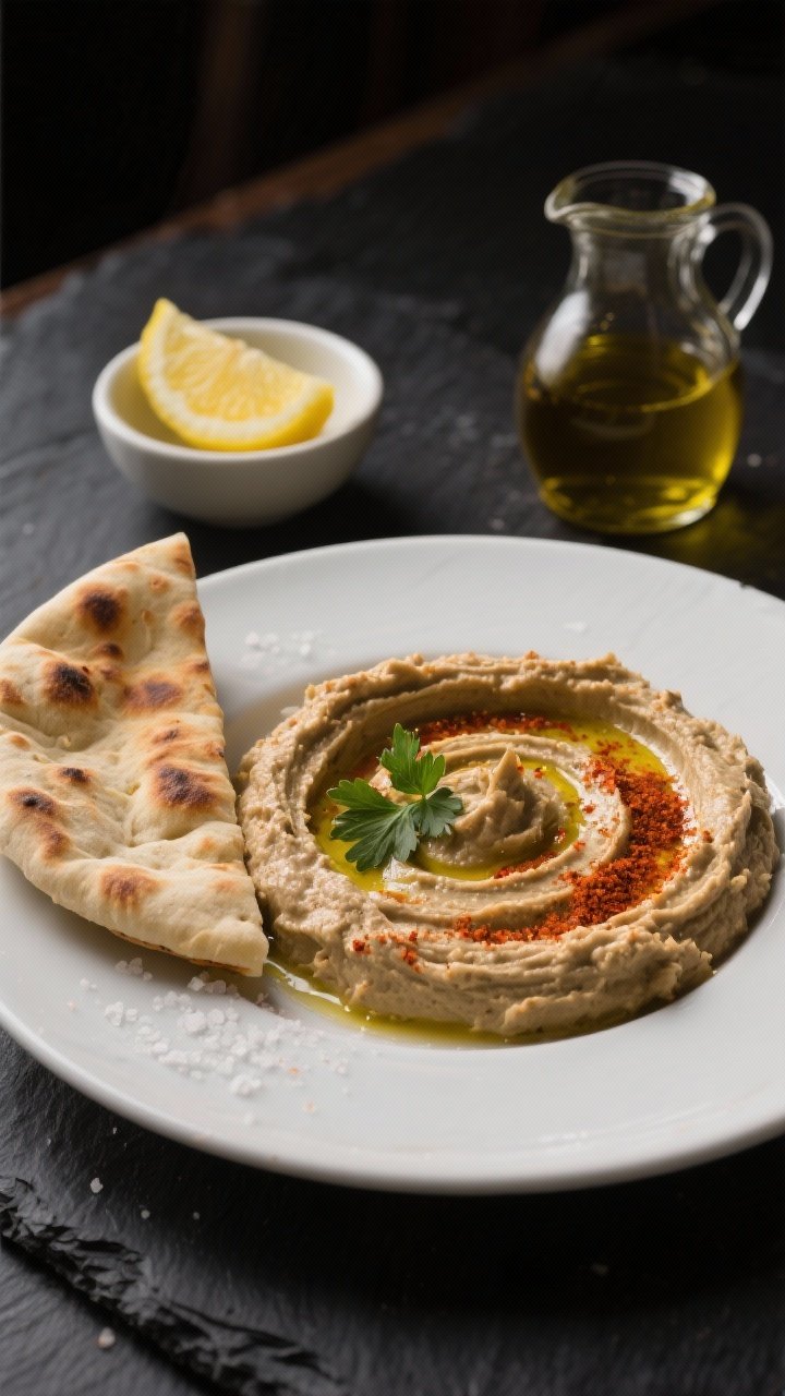 Final dish presentation: Restaurant-quality plating of baba ganoush served with freshly warmed, slig