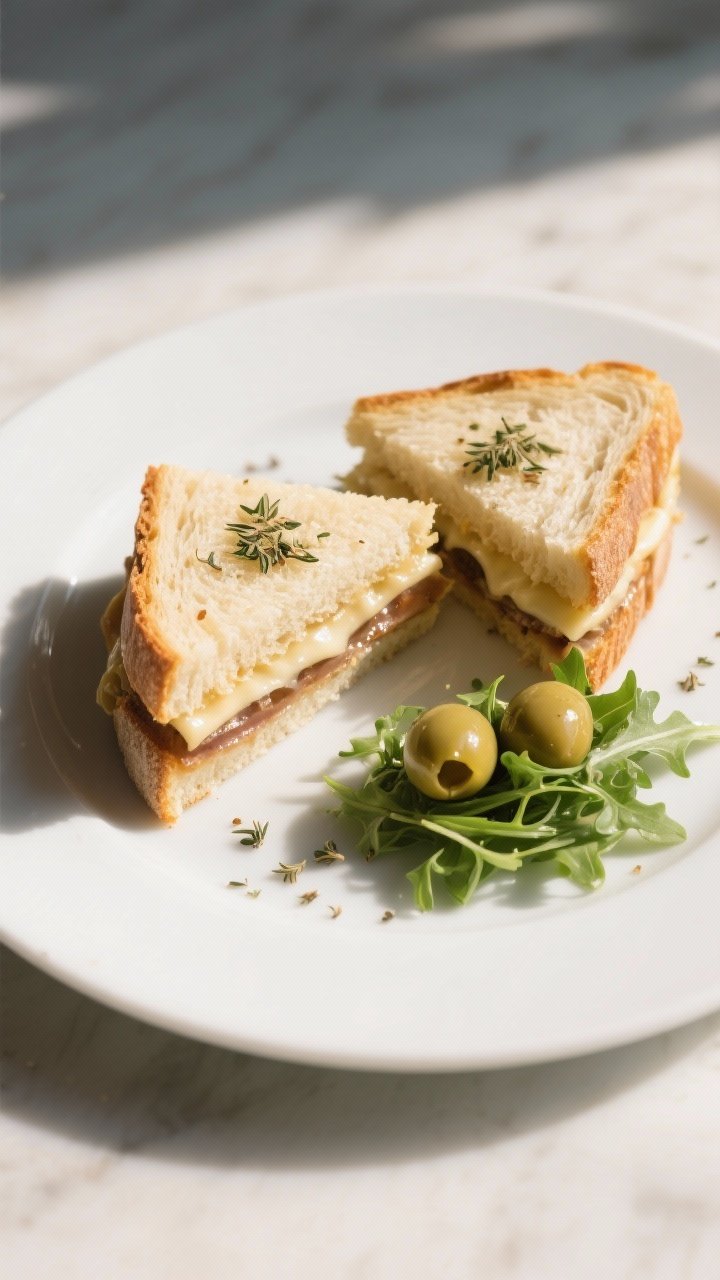 Final dish presentation: Restaurant-quality plating of two wedge slices of the pressed Italian sandw