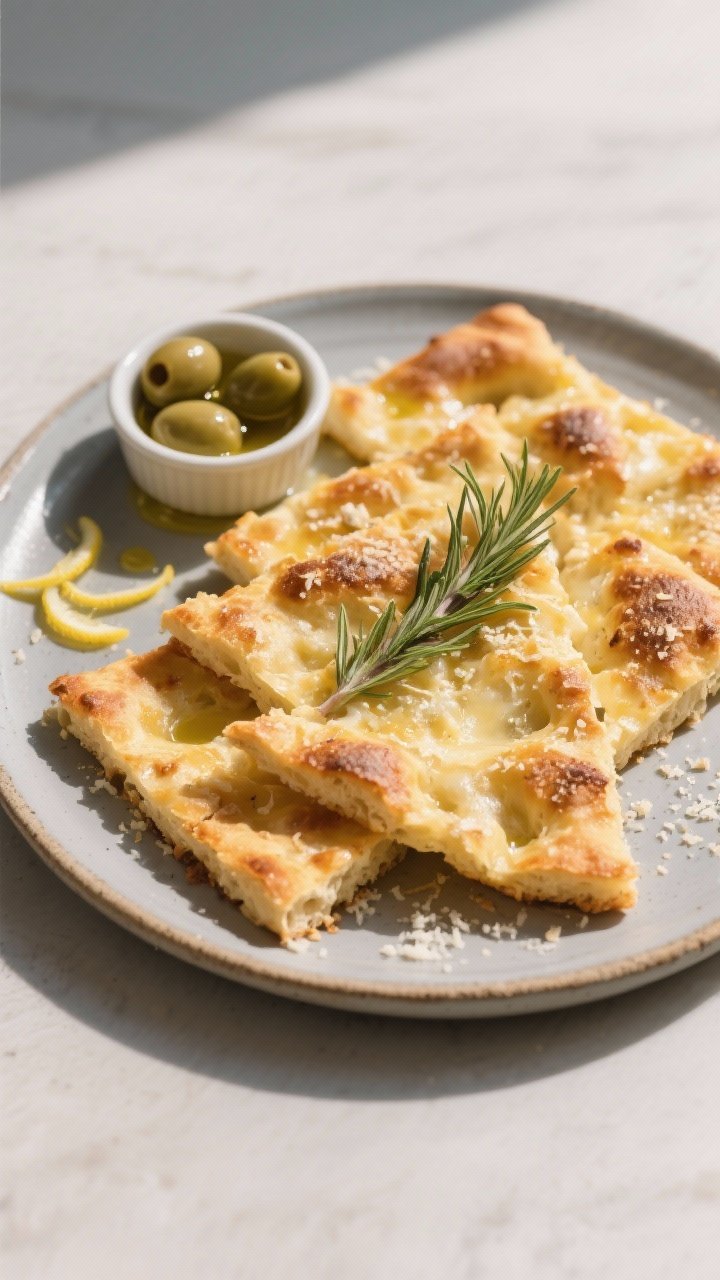 Final dish presentation: Restaurant-quality platter of Garlic Parmesan focaccia—golden slices arra