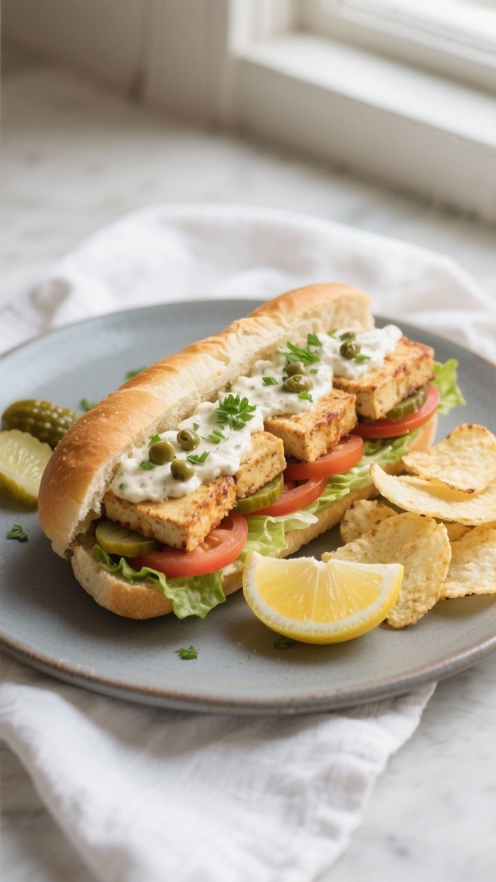 Final dish presentation: Restaurant-quality Tofu Po’ Boy plated on a matte ceramic platter, cut on