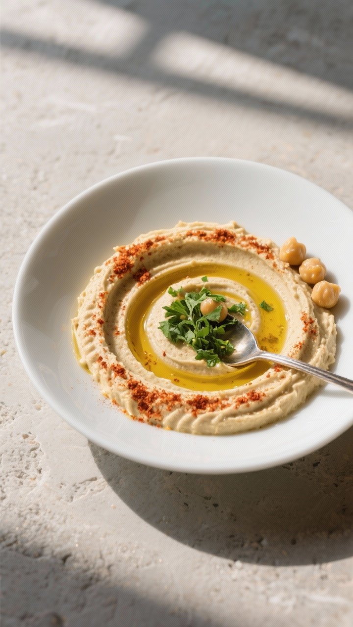 Final dish presentation: Restaurant-style plated hummus in a shallow white bowl with dramatic spoon 