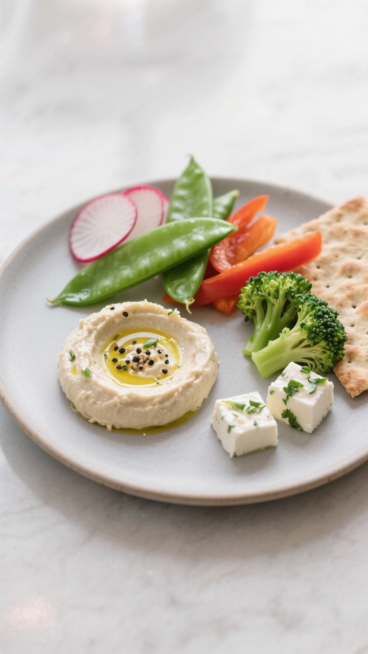 Final dish presentation: Restaurant-style plated mini crudité setting for one—small plate with a