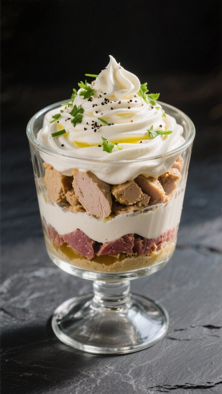 Final dish presentation – Showstopper finish: Three-quarter angle of the completed Meat Trifle wit