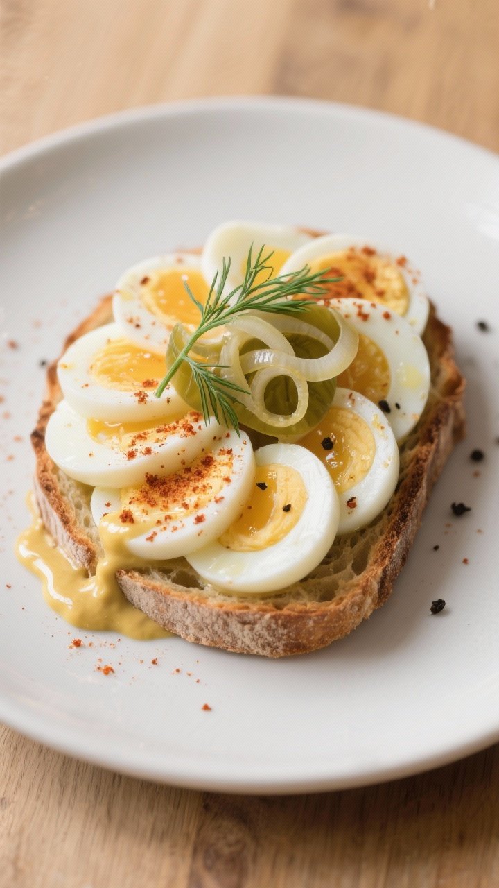 Final dish presentation: Sliced pickled eggs fanned on toasted sourdough with a swipe of mustard, sp
