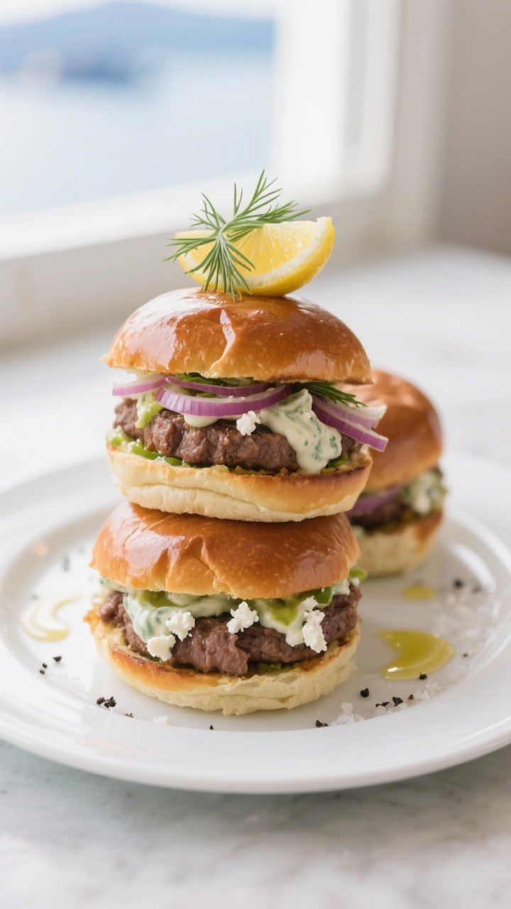 Final dish presentation: Three fully assembled Santorini Lamb Sliders stacked on a simple white plat