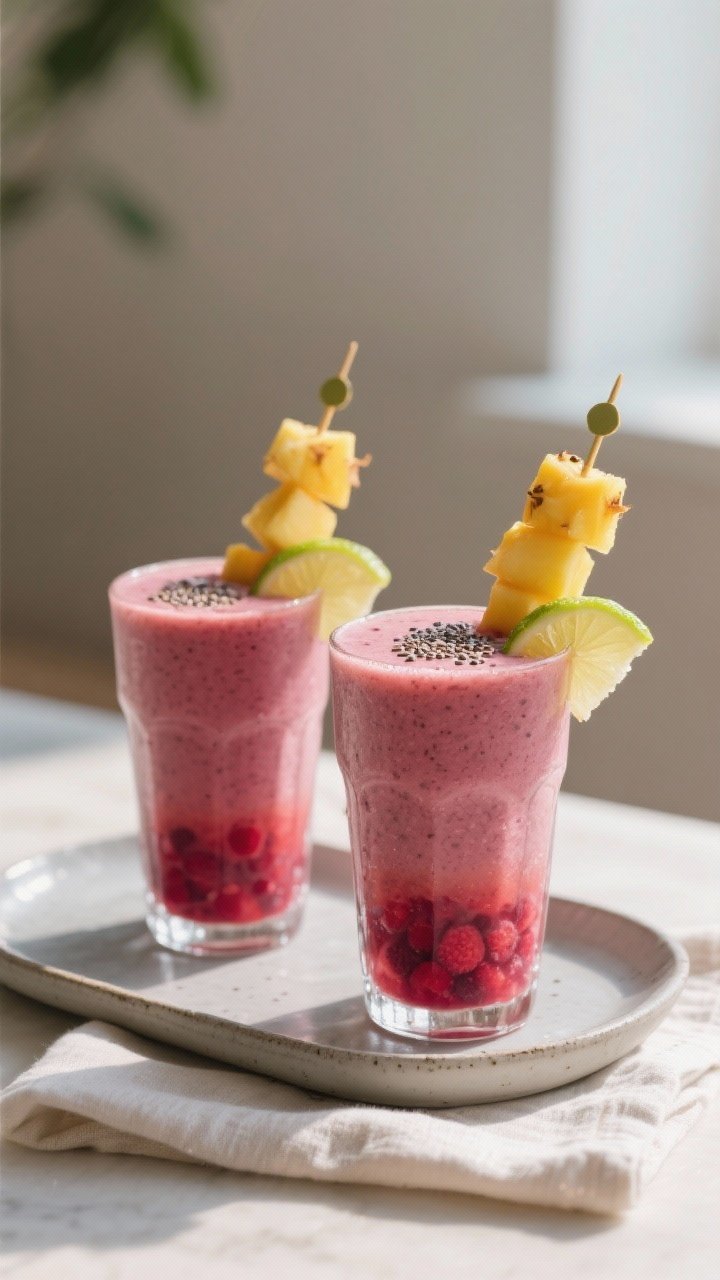 Final dish presentation: Two perfectly filled Tropical Berry Smoothies in tall, frosty glasses with 