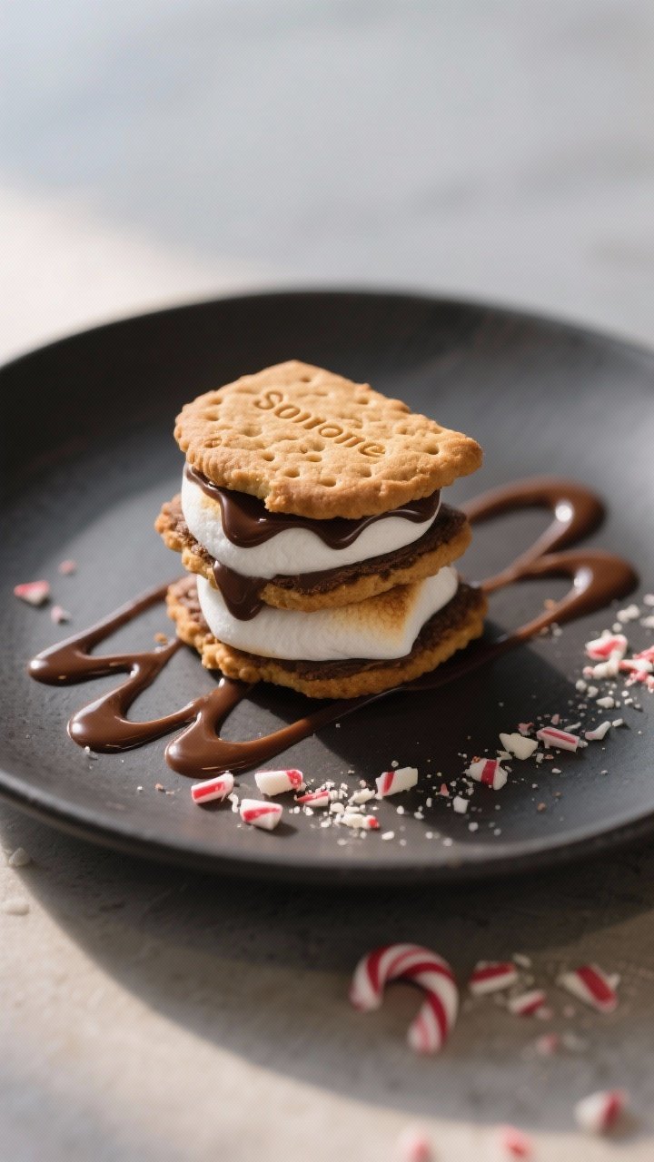 Final dish presentation: Two stacked, slightly offset s’mores on a matte charcoal plate, a clean d