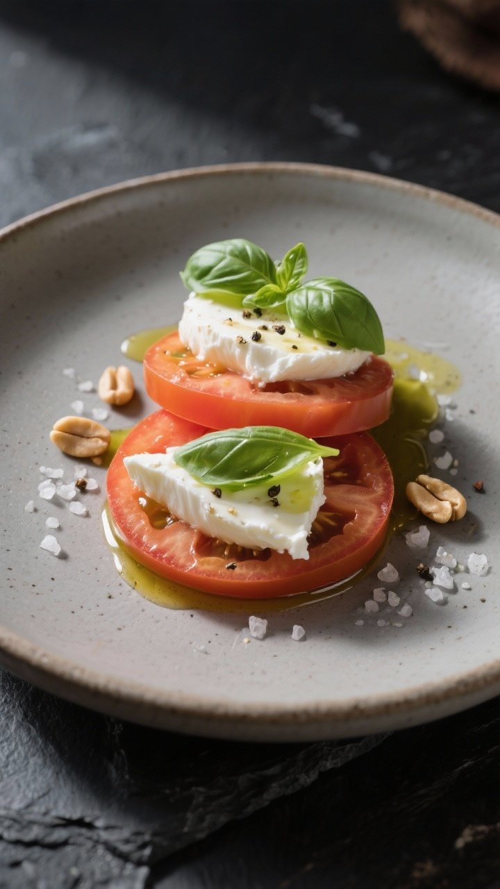 Final dish restaurant presentation: Elegant, minimalist plating of a single-serve portion—three ov