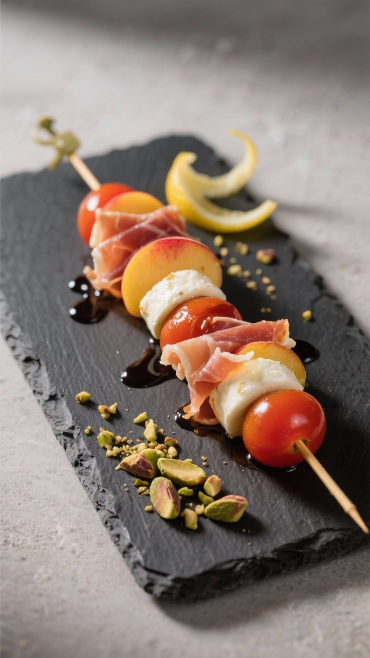 Final dish, styled variation: Restaurant-quality presentation of caprese peach skewers with a prosci
