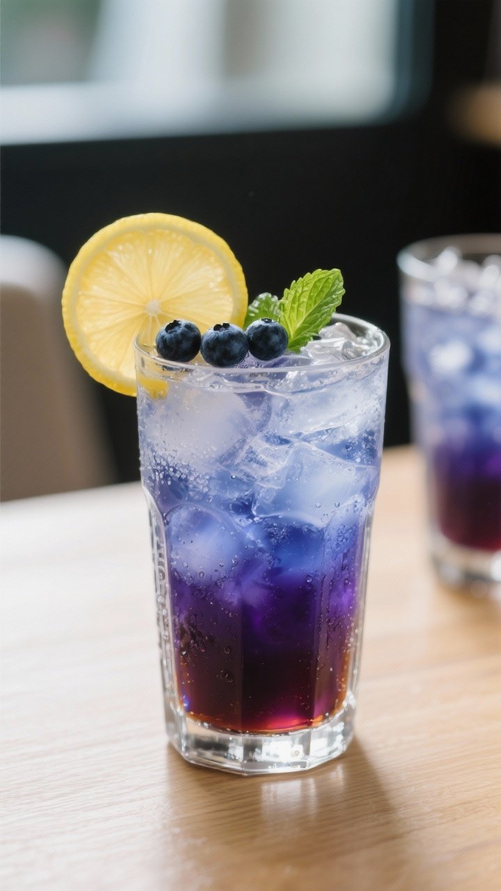 Final dish: Tall Collins glass filled with ice and blueberry iced tea, crystal-clear and jewel-toned