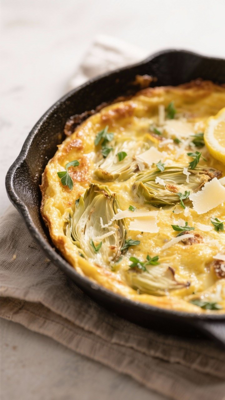 Final frittata — golden, puffed, just out of oven: Three-quarter angle of the baked artichoke frit