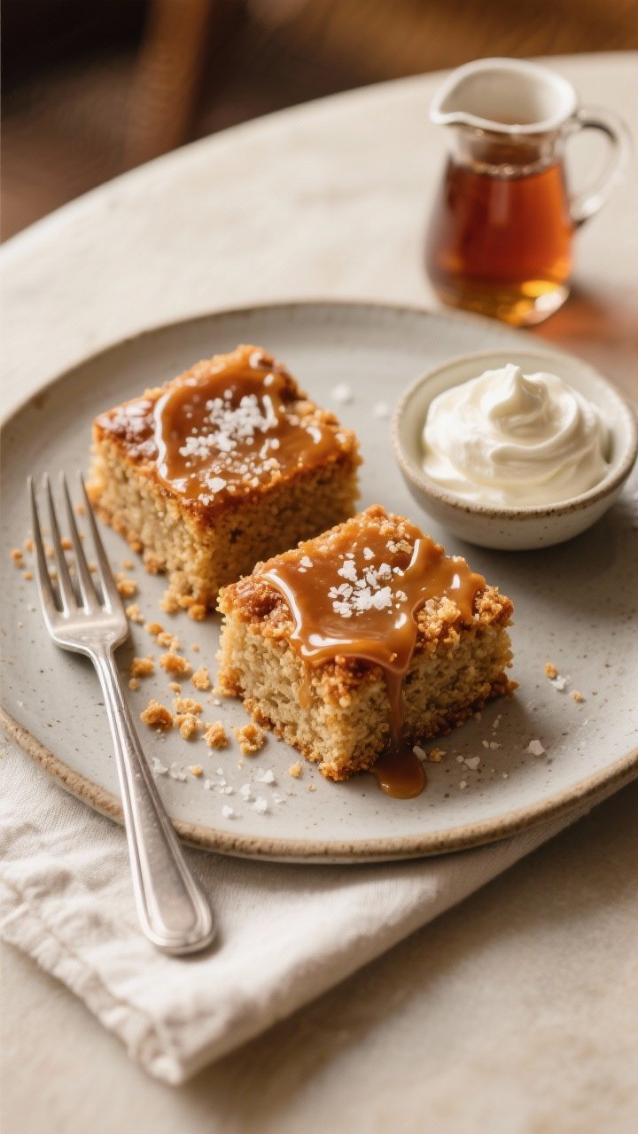 Final plated brunch presentation: two neat squares of maple-glazed crumb cake on a matte stoneware p