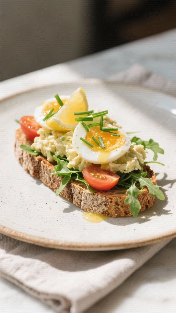 Final plated dish — elegant open-faced egg salad tartine on grainy bread with a layer of arugula a