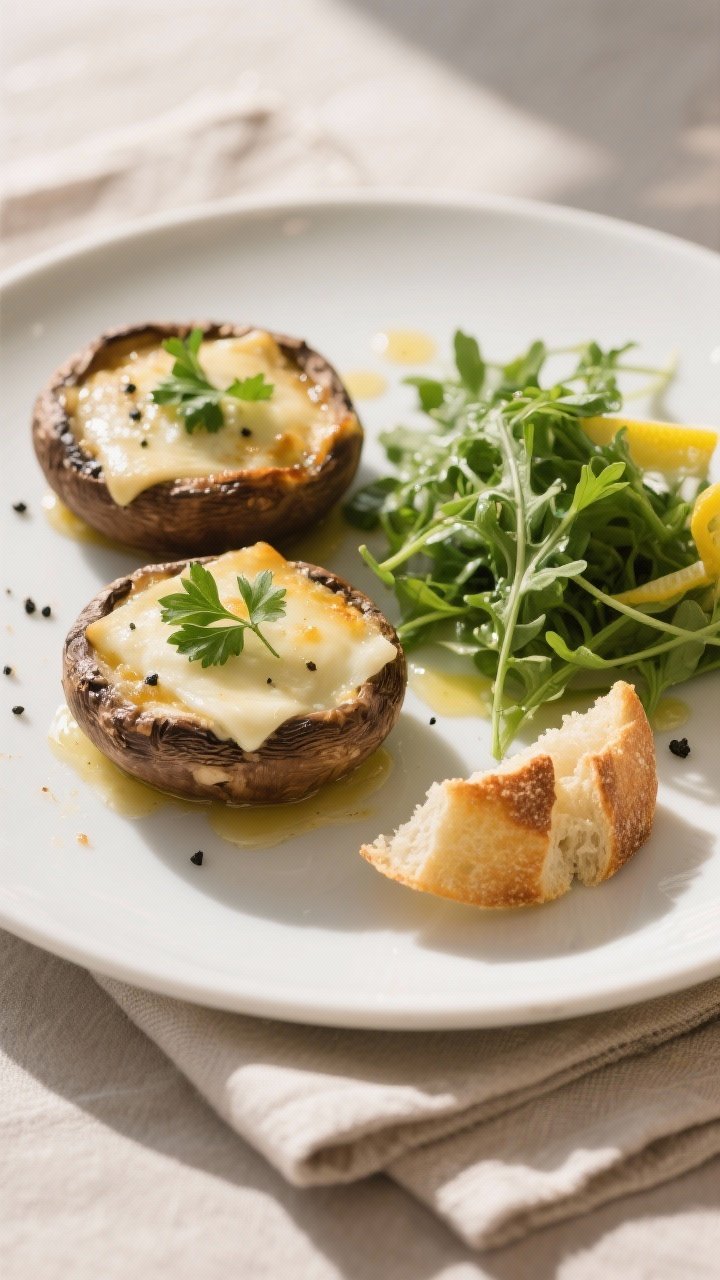 Final plated dish: Restaurant-quality presentation of two stuffed portobello mushrooms on a matte wh