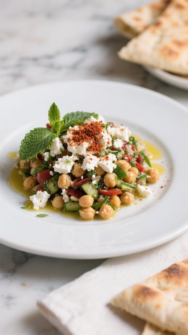 Final plated dish: Restaurant-quality presentation of Mediterranean Chickpea Salad mounded on a shal