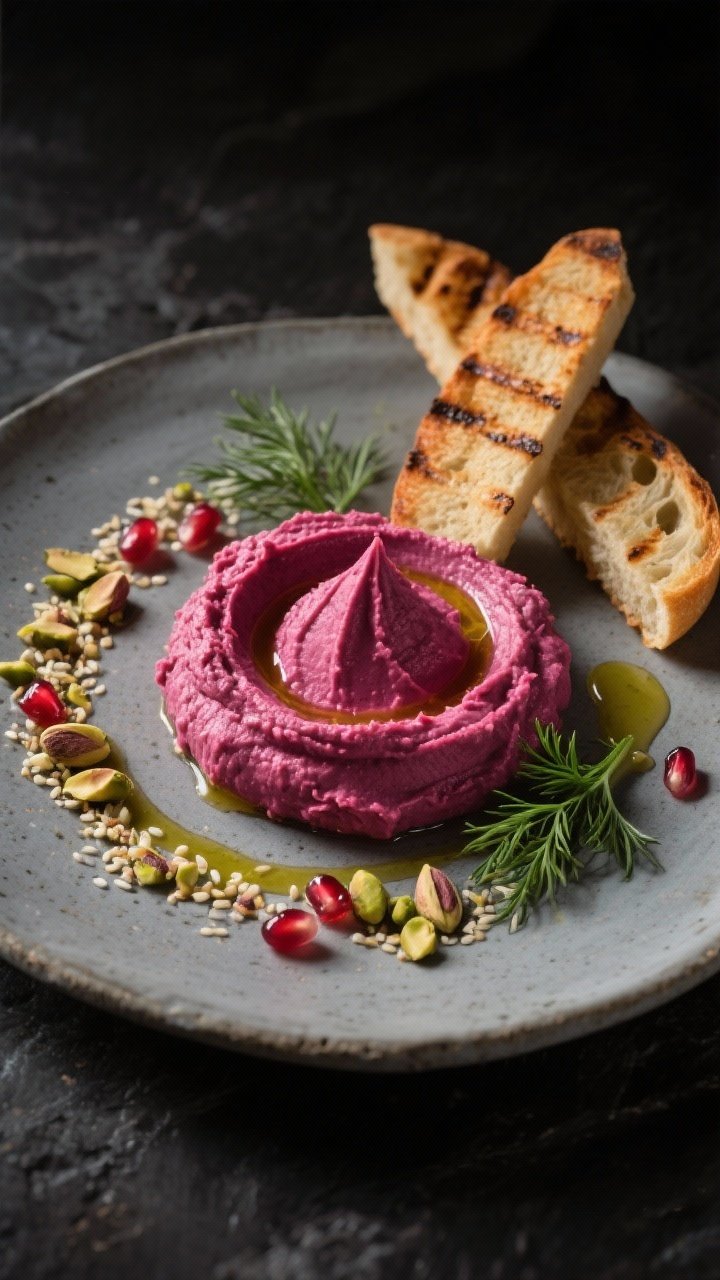 Final plated dish: Restaurant-quality presentation of beetroot and garlic hummus as a composed appet