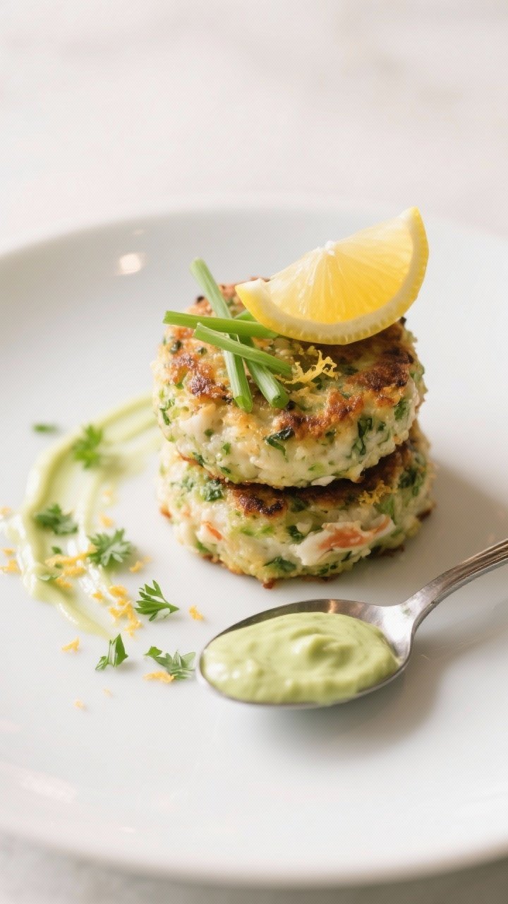 Final plated dish: Restaurant-quality presentation of two full-size wasabi crab cakes stacked slight