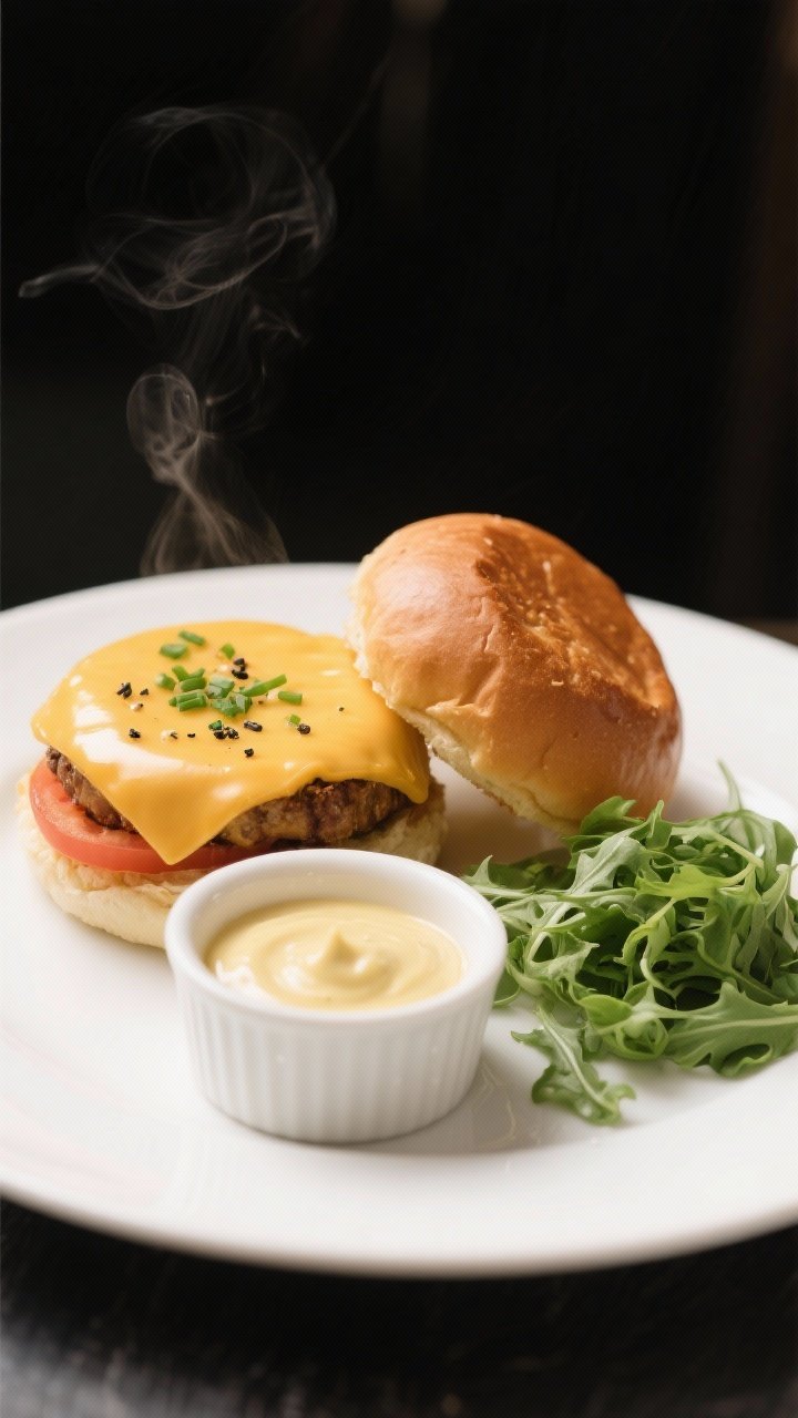 Final plated dish: Restaurant-quality presentation of two sliders on a matte white plate with a rame
