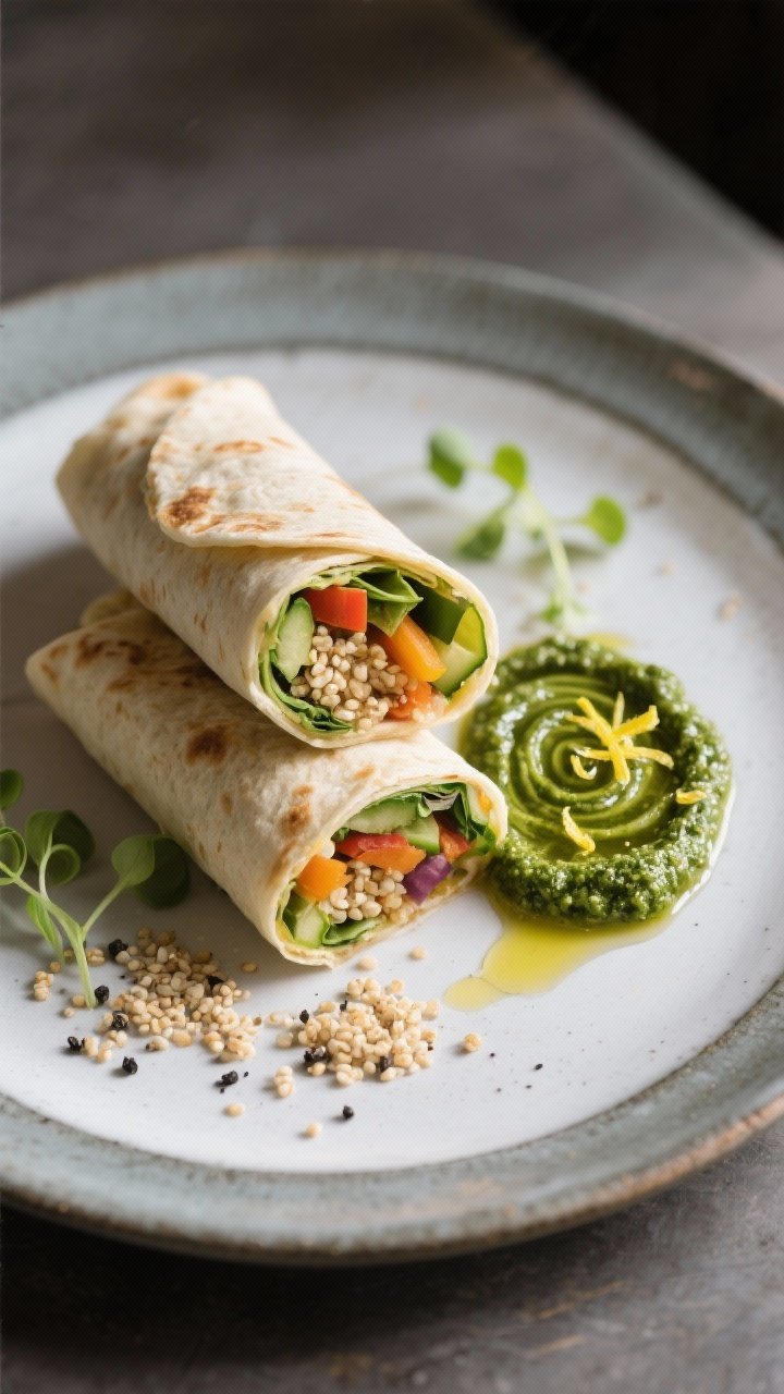 Final plated dish: Restaurant-quality presentation of two tightly rolled quinoa veggie wraps cut on 