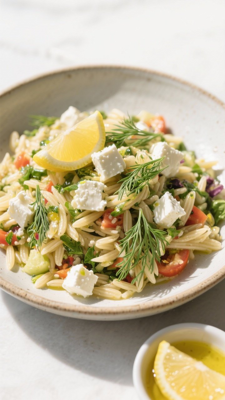 Final plated dish: Restaurant-quality presentation of the finished Orzo Salad with Zesty Greek Dress