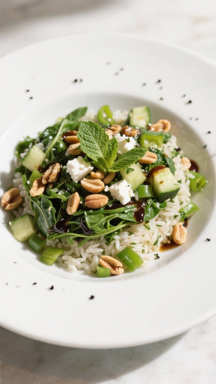 Final plated dish — restaurant style: Beautifully plated Green Rice Salad with Balsamic Vinaigrett
