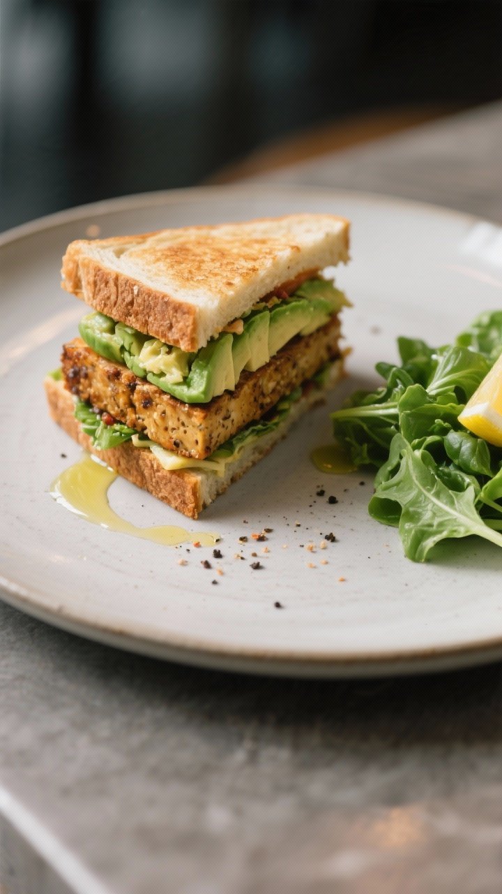 Final plated dish: Restaurant-style presentation of a halved vegetarian club sandwich stacked uprigh