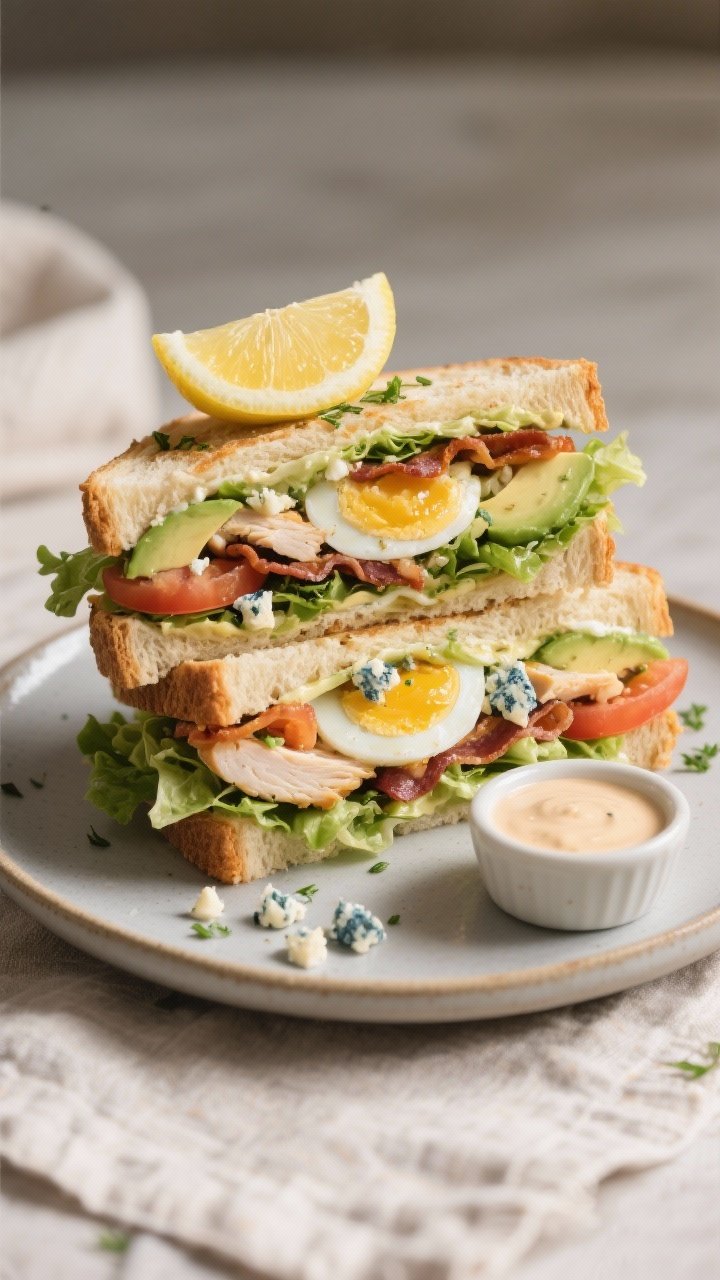 Final plated dish: two halves of a Cobb Salad Sandwich stacked slightly askew on a matte ceramic pla