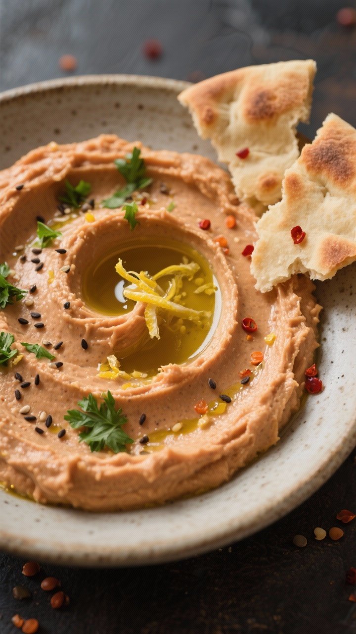 Final plated hero: Beautifully plated red lentil hummus spread in swoops in a shallow stoneware bowl
