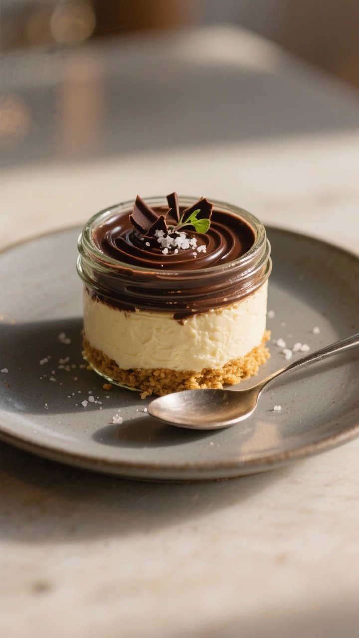 Final plated hero shot: One indulgent 6–8 oz mason jar showcased at a slight angle to reveal disti