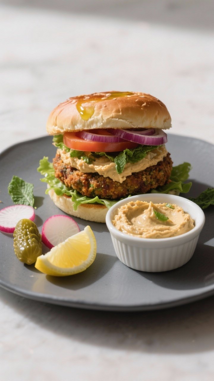 Final plated meal: Restaurant-quality presentation of a falafel burger plate—burger stacked high w
