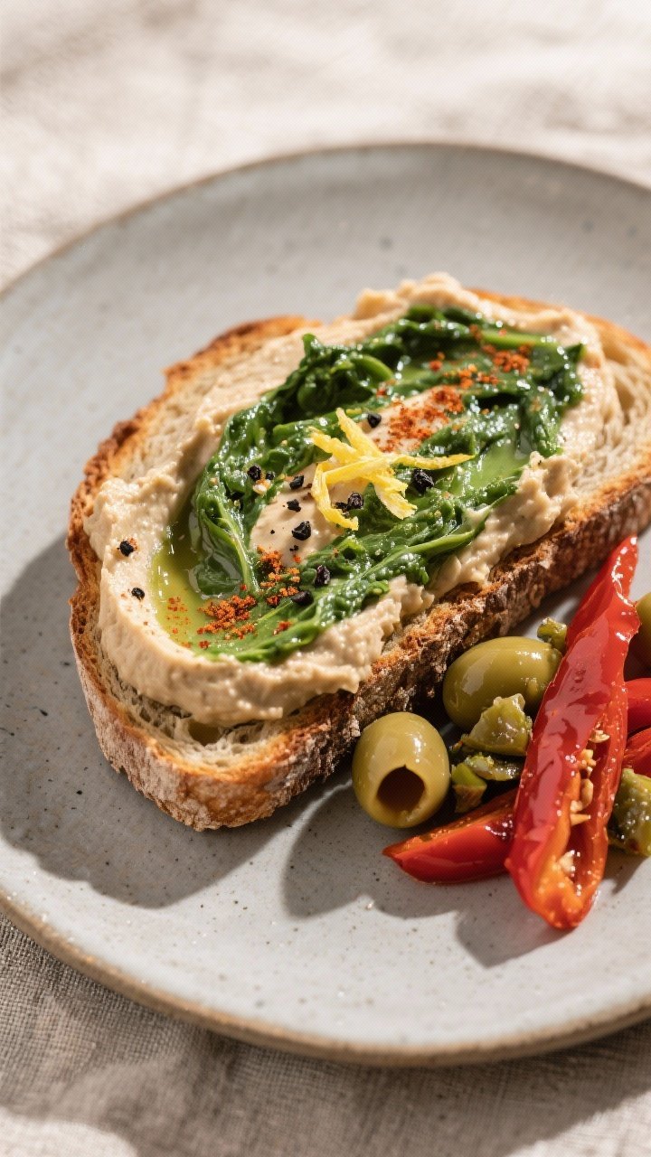 Final plated presentation: Rustic toast topped with a generous swoosh of the Swiss chard–cannellin