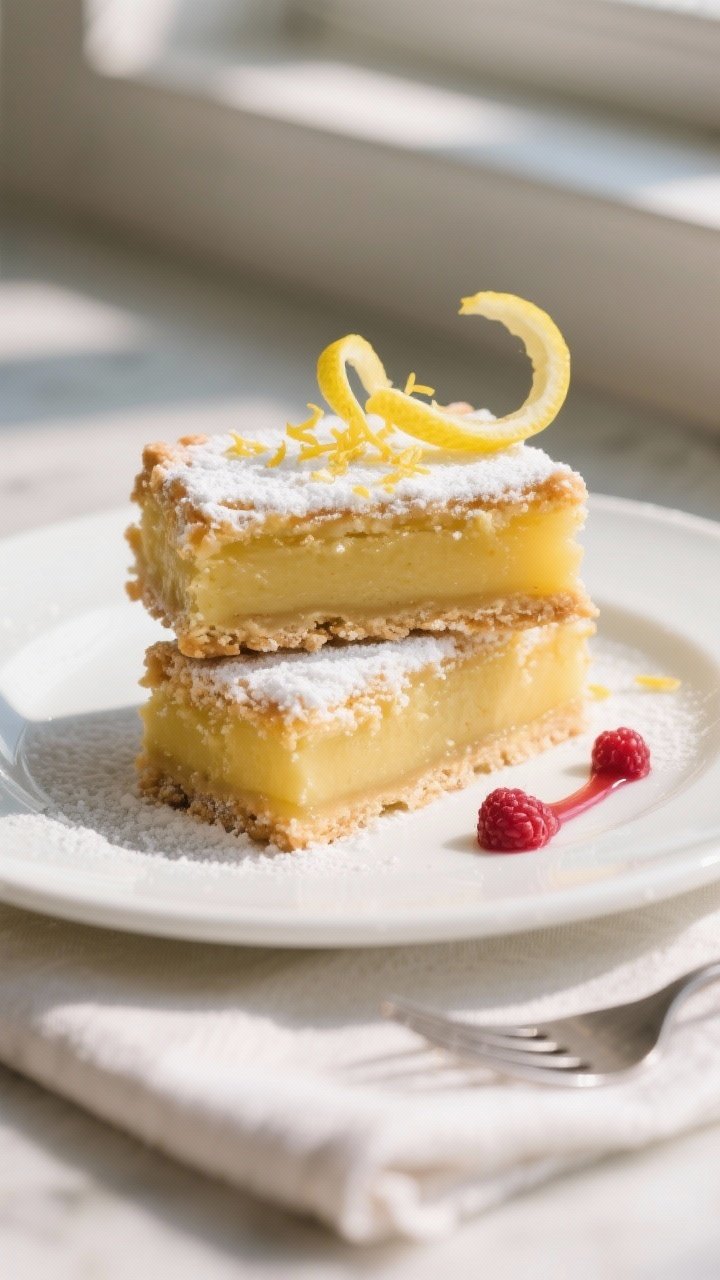 Final plated presentation: Two lemon pie bars stacked slightly offset on a small white dessert plate