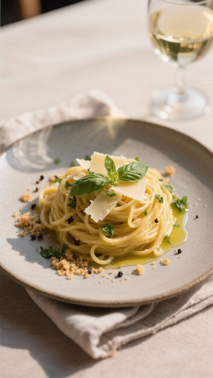 Final plated, restaurant style: Elegant single-serve presentation of the pasta mounded in the center